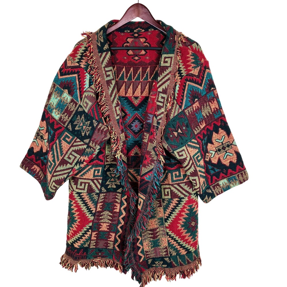 Vtg Bob Timberlake Cardigan L Tapestry Fringe Festival Oversized Boho Western